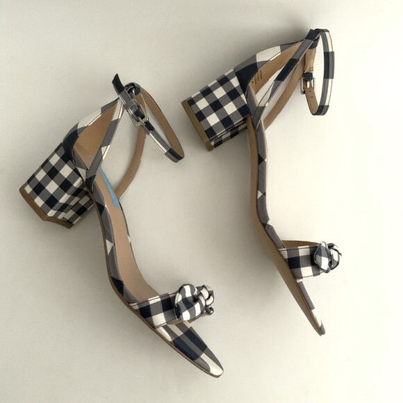 Draper James Sandals Women Size 8M Blue White Gingham Block Heel Ankle Strap - Picture 5 of 12
